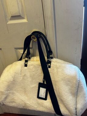 Steve Madden White Faux Fur Travel Weekender with Black Straps